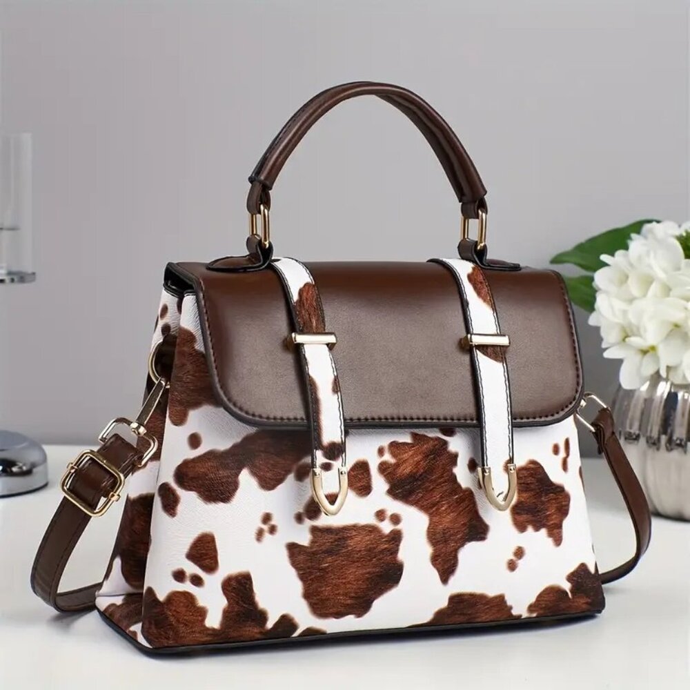 Brown Cow Print Vegan Leather Satchel Crossbody Bag - Picture 3 of 6